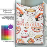 Kawaii Sushi Rice Bowls and Noodles Characters White Seamless  Personalised Custom Name Super Soft Fleece Blanket Bed Sofa Throw