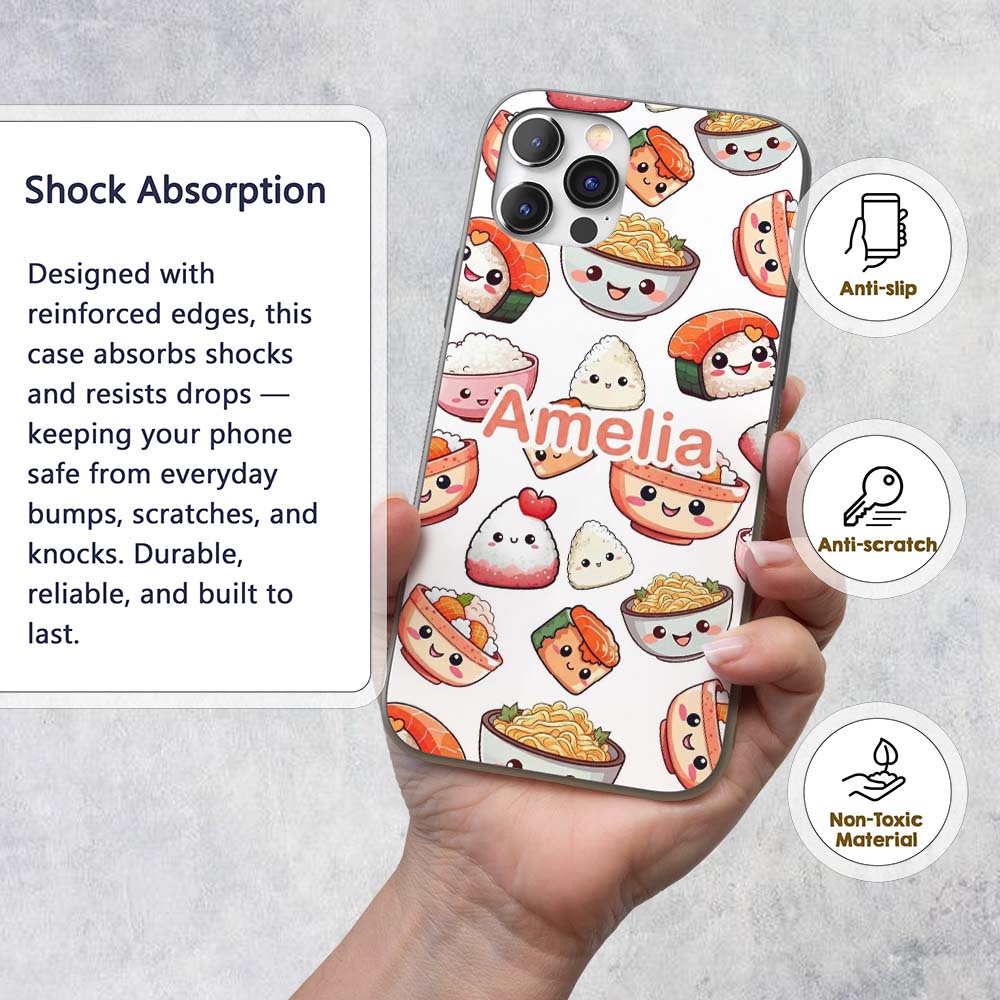 Kawaii Sushi Rice Bowls and Noodles Characters Custom Name Protective Phone Case Mobile Cover Durable Everyday Smartphone Shock Resistant