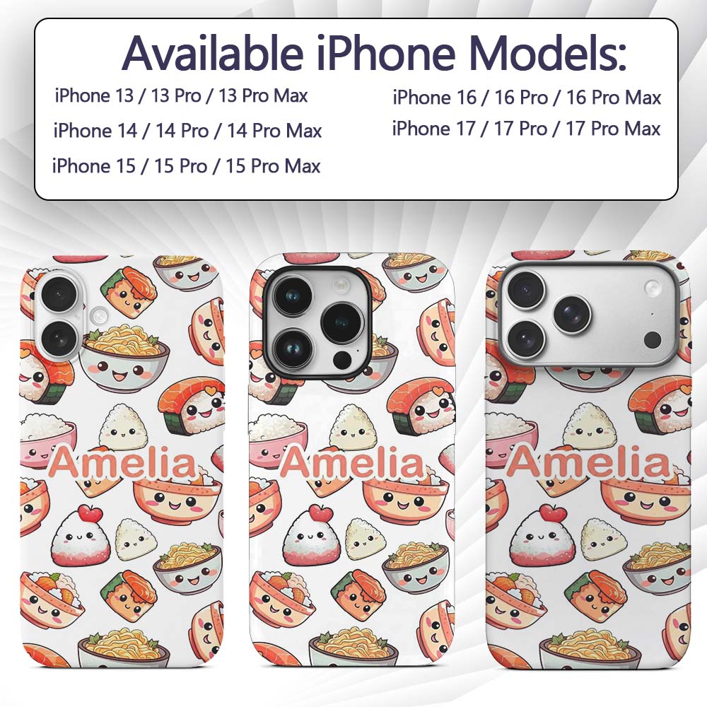 Kawaii Sushi Rice Bowls and Noodles Characters Custom Name Protective Phone Case Mobile Cover Durable Everyday Smartphone Shock Resistant