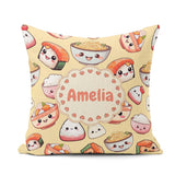 Custom Name Kawaii Sushi Rice Bowls and Noodles Yellow Seamless Square Filled Cushion Throw Pillow Sofa Bed Home Decor Zip Washable UK Made