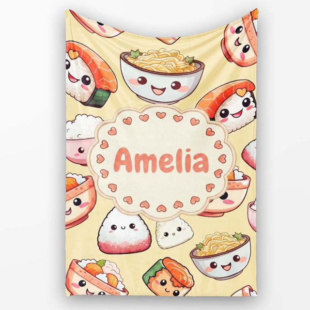 Kawaii Sushi Rice Bowls and Noodles Characters Yellow Seamless  Personalised Custom Name Super Soft Fleece Blanket Bed Sofa Throw