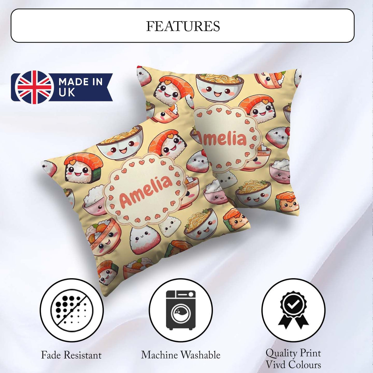 Custom Name Kawaii Sushi Rice Bowls and Noodles Yellow Seamless Square Filled Cushion Throw Pillow Sofa Bed Home Decor Zip Washable UK Made