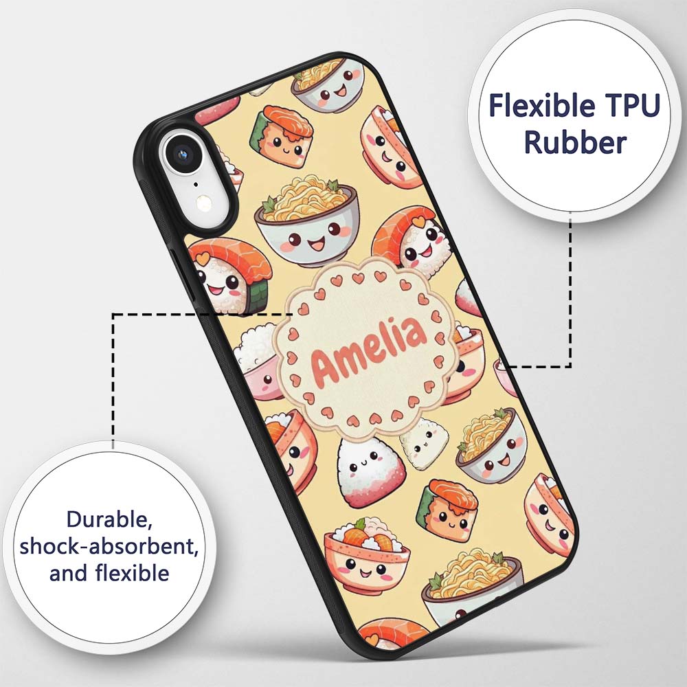 Kawaii Sushi Rice Bowls and Noodles Characters Custom Name Protective Phone Case Mobile Cover Durable Everyday Smartphone Shock Resistant