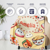 Kawaii Sushi Rice Bowls and Noodles Characters Yellow Seamless  Personalised Custom Name Super Soft Fleece Blanket Bed Sofa Throw