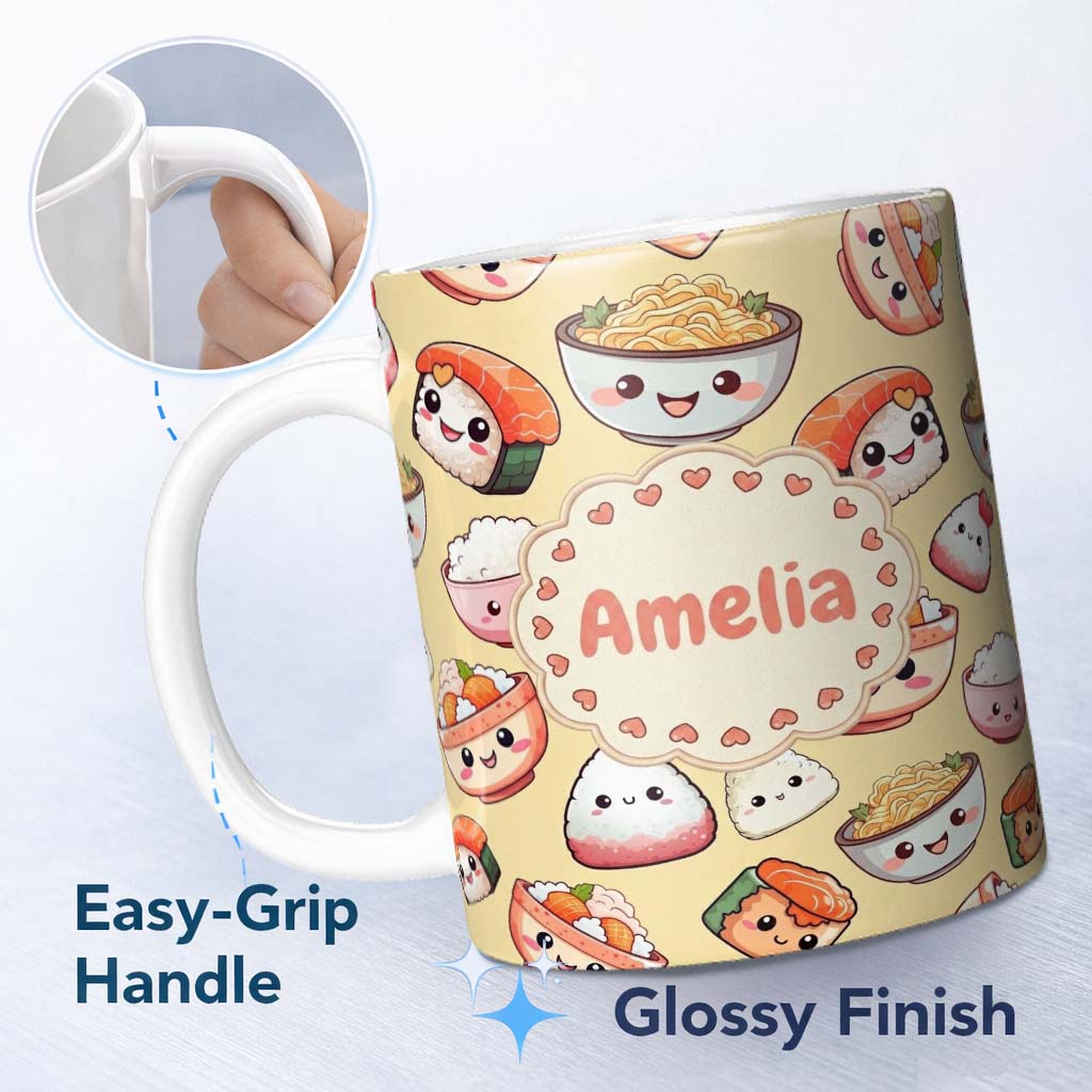 Personalized Custom Name Kawaii Sushi Rice Bowls and Noodles Characters Yellow Seamless 11oz Ceramic Coffee Tea Mug White Large Handle