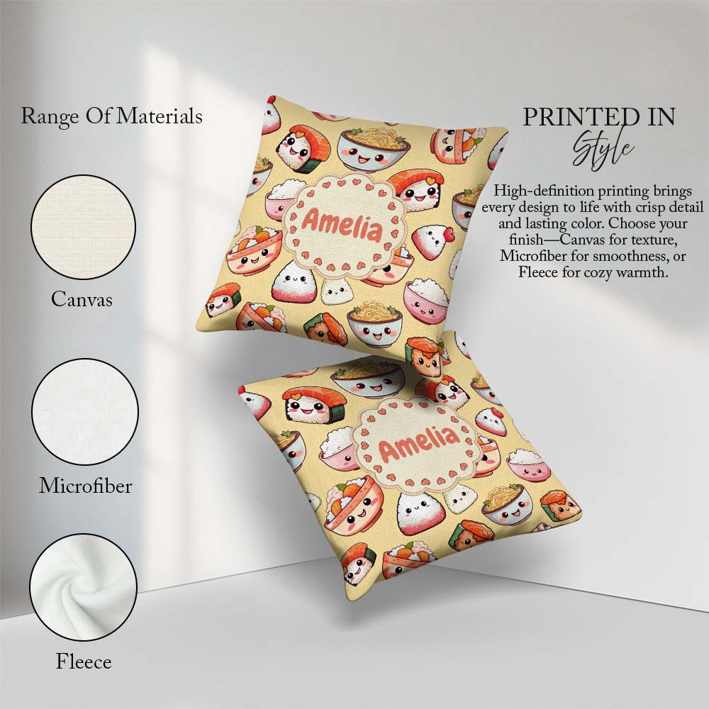 Custom Name Kawaii Sushi Rice Bowls and Noodles Yellow Seamless Square Filled Cushion Throw Pillow Sofa Bed Home Decor Zip Washable UK Made