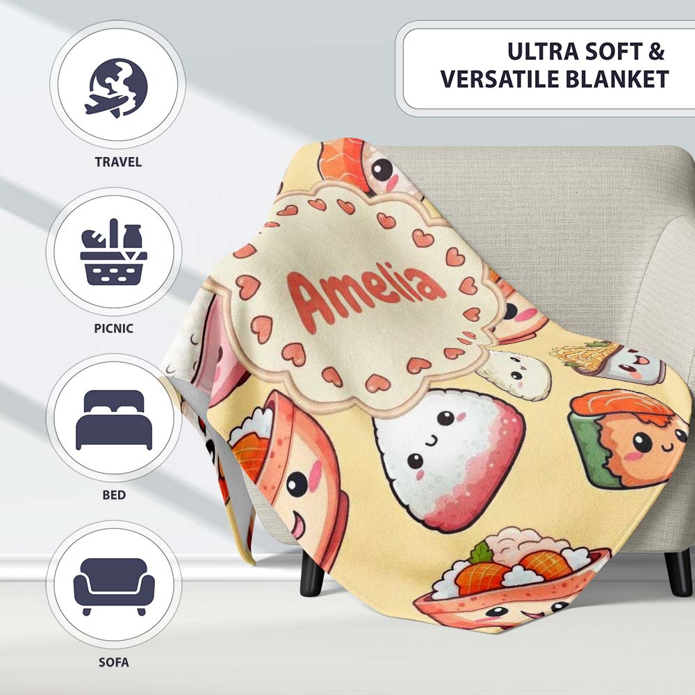 Kawaii Sushi Rice Bowls and Noodles Characters Yellow Seamless  Personalised Custom Name Super Soft Fleece Blanket Bed Sofa Throw