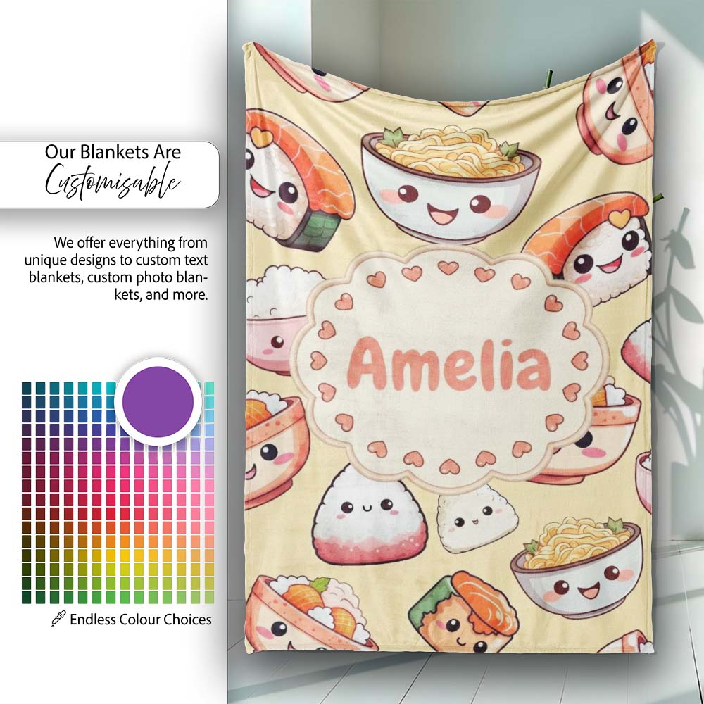 Kawaii Sushi Rice Bowls and Noodles Characters Yellow Seamless  Personalised Custom Name Super Soft Fleece Blanket Bed Sofa Throw