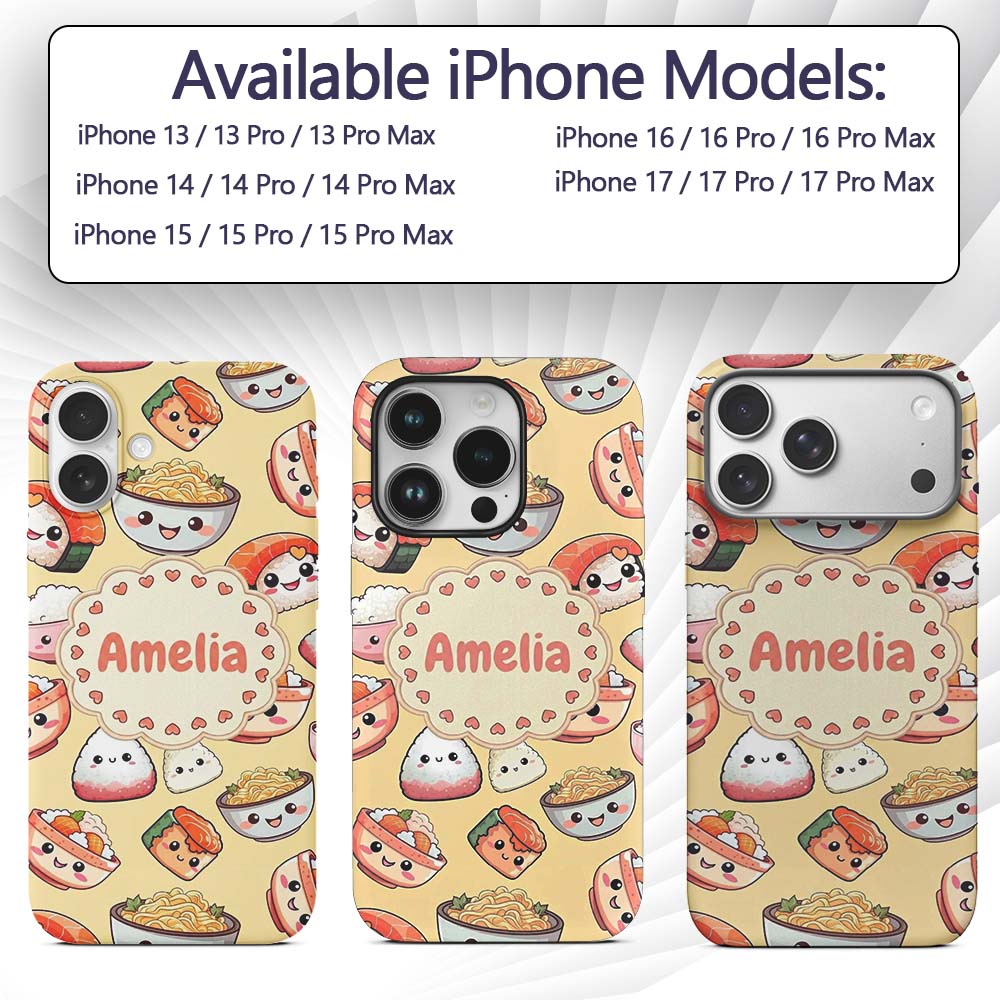 Kawaii Sushi Rice Bowls and Noodles Characters Custom Name Protective Phone Case Mobile Cover Durable Everyday Smartphone Shock Resistant
