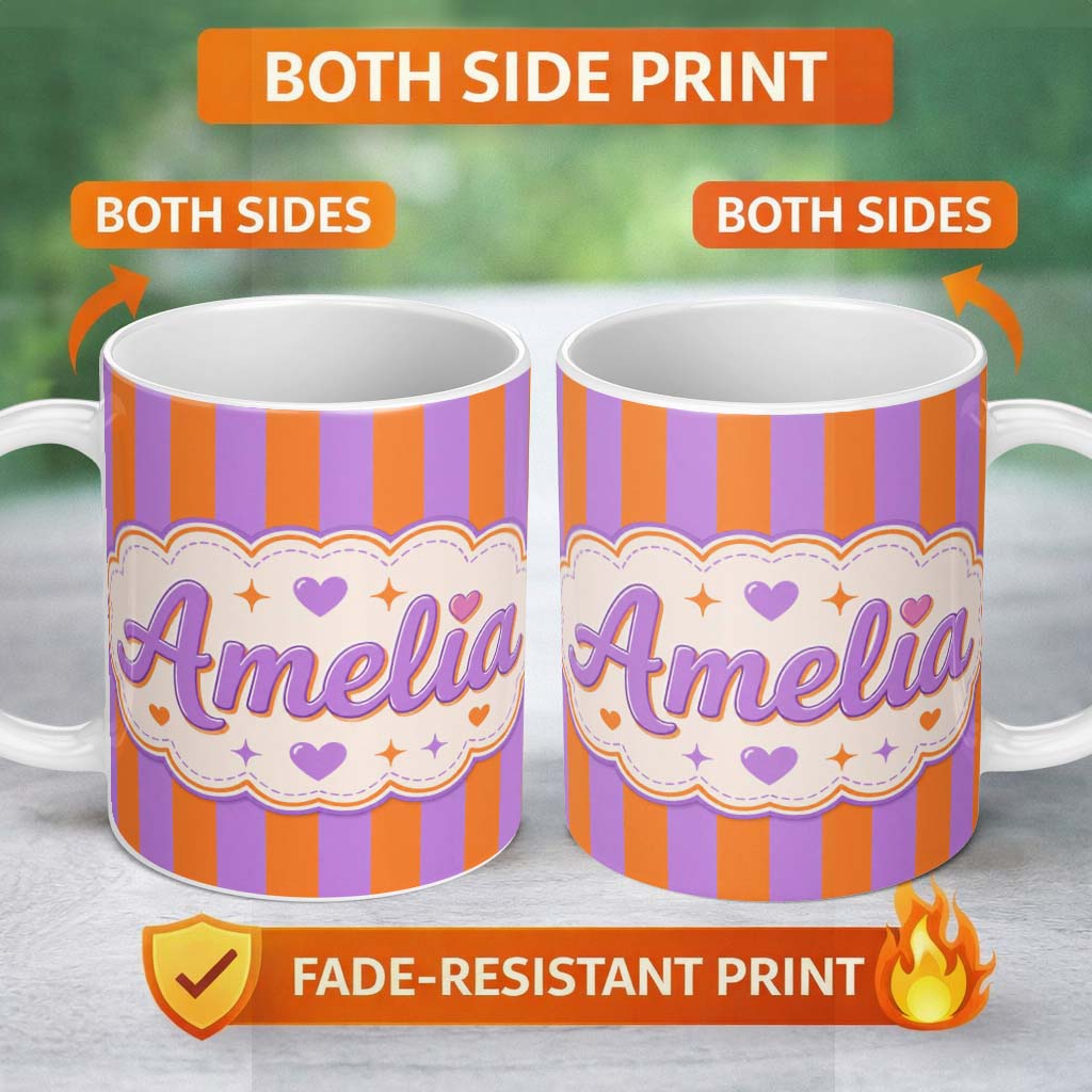 Personalized Custom Name Abstract Wavy Orange and Purple Stripes Modern Seamless Pattern 11oz Ceramic Coffee Tea Mug White Large Handle