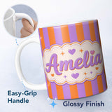 Personalized Custom Name Abstract Wavy Orange and Purple Stripes Modern Seamless Pattern 11oz Ceramic Coffee Tea Mug White Large Handle