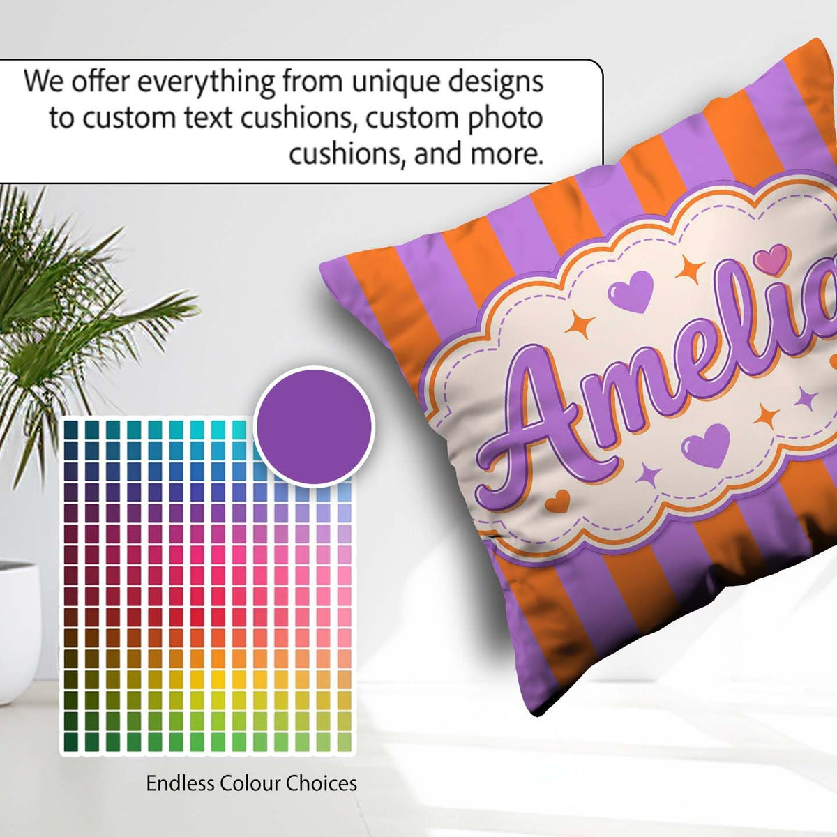 Custom Name Abstract Wavy Orange Purple Stripes Seamless Pattern Square Filled Cushion Throw Pillow Sofa Bed Home Decor Zip Washable UK Made