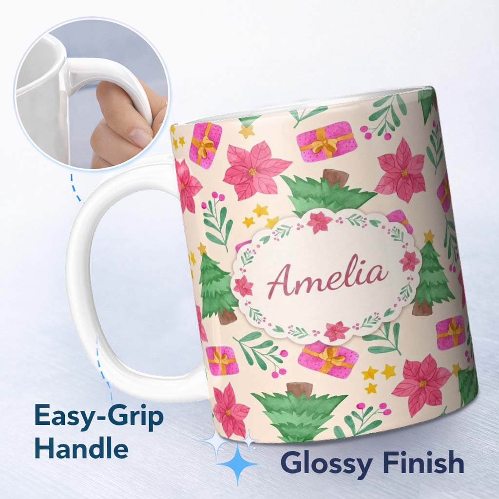 Personalized Custom Name Watercolor Poinsettia Gift Christmas Tree Seamless Pattern Lovely 11oz Ceramic Coffee Tea Mug White Large Handle