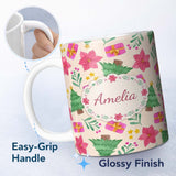 Personalized Custom Name Watercolor Poinsettia Gift Christmas Tree Seamless Pattern Lovely 11oz Ceramic Coffee Tea Mug White Large Handle