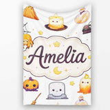 Cute Halloween Witch Pumpkin Candle and Spider Kawaii Seamless  Personalised Custom Name Super Soft Fleece Blanket Bed Sofa Throw