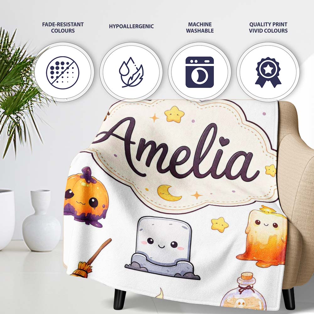 Cute Halloween Witch Pumpkin Candle and Spider Kawaii Seamless  Personalised Custom Name Super Soft Fleece Blanket Bed Sofa Throw