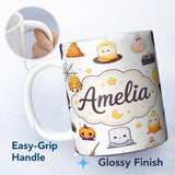 Personalized Custom Name Cute Halloween Witch Pumpkin Candle and Spider Kawaii Seamless 11oz Ceramic Coffee Tea Mug White Large Handle