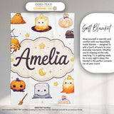Cute Halloween Witch Pumpkin Candle and Spider Kawaii Seamless  Personalised Custom Name Super Soft Fleece Blanket Bed Sofa Throw