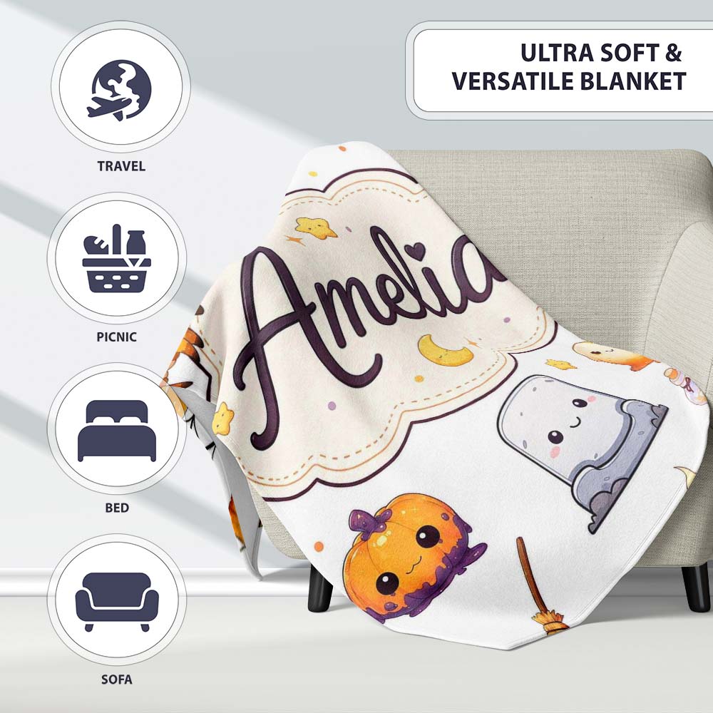 Cute Halloween Witch Pumpkin Candle and Spider Kawaii Seamless  Personalised Custom Name Super Soft Fleece Blanket Bed Sofa Throw