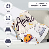 Cute Halloween Witch Pumpkin Candle and Spider Kawaii Seamless  Personalised Custom Name Super Soft Fleece Blanket Bed Sofa Throw