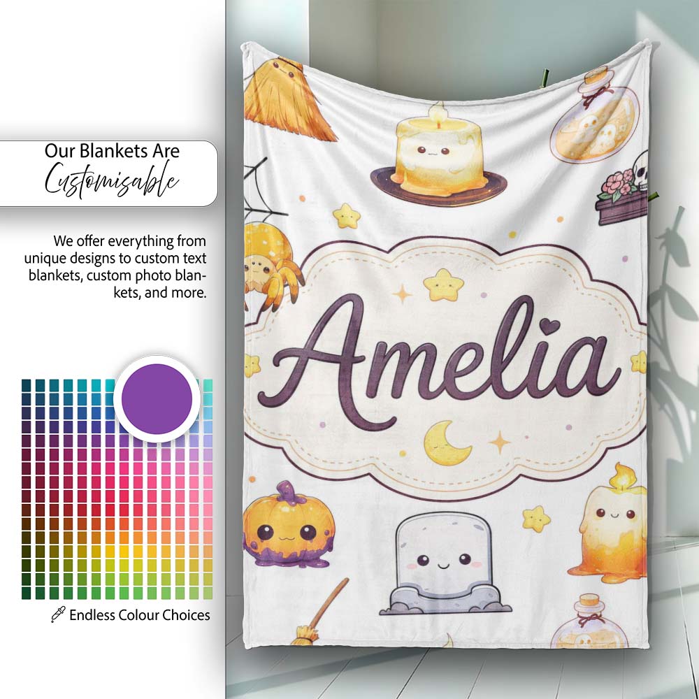 Cute Halloween Witch Pumpkin Candle and Spider Kawaii Seamless  Personalised Custom Name Super Soft Fleece Blanket Bed Sofa Throw