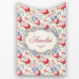 Classic Vintage Rose Garden Floral Seamless Pattern Red Blue Beige  Personalised Custom Name Super Soft Fleece Blanket Bed Sofa Throw