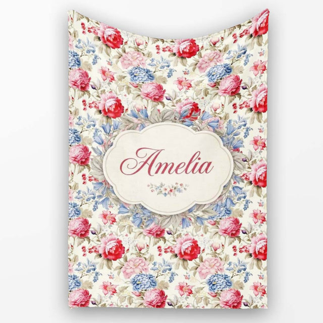 Classic Vintage Rose Garden Floral Seamless Pattern Red Blue Beige  Personalised Custom Name Super Soft Fleece Blanket Bed Sofa Throw