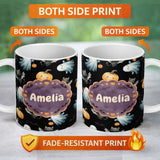 Personalized Custom Name Cute Watercolor Ghost Pumpkin and Bat Halloween Seamless Pattern 11oz Ceramic Coffee Tea Mug White Large Handle