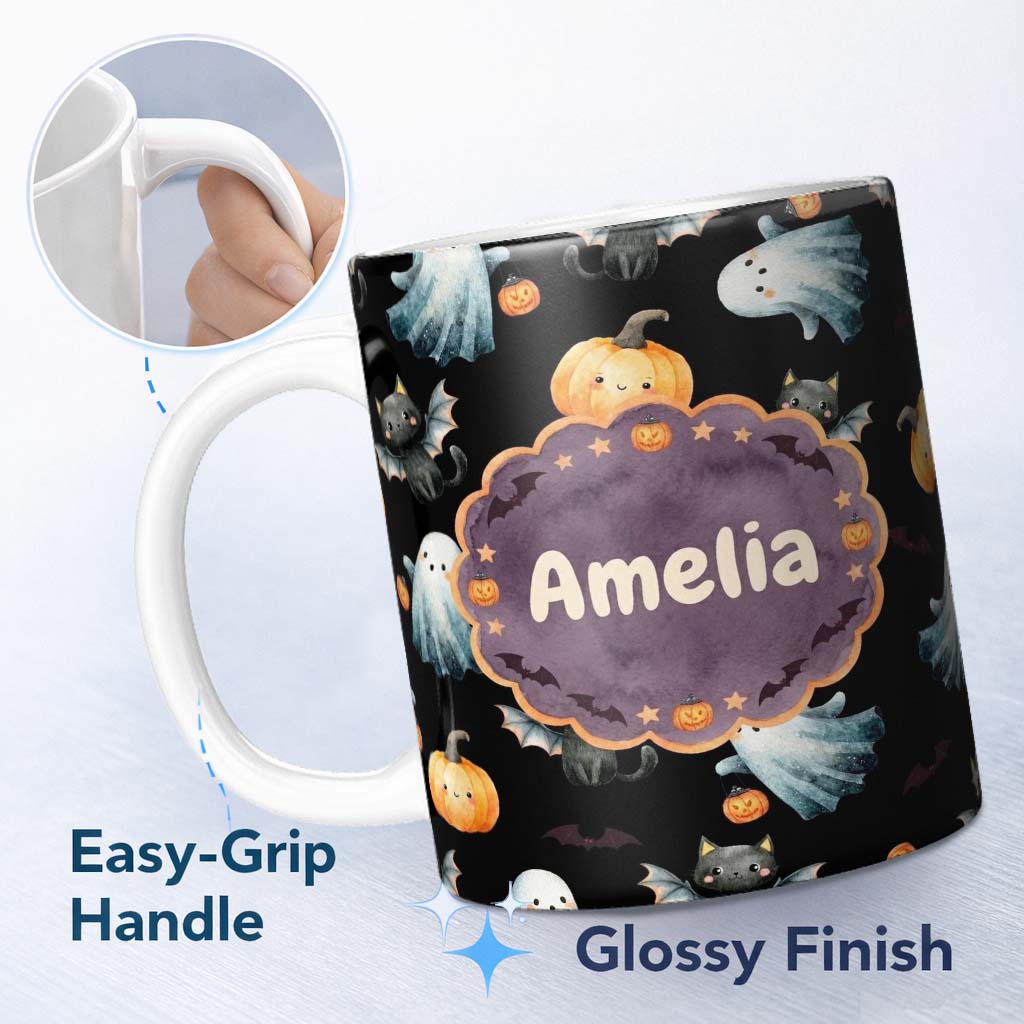 Personalized Custom Name Cute Watercolor Ghost Pumpkin and Bat Halloween Seamless Pattern 11oz Ceramic Coffee Tea Mug White Large Handle