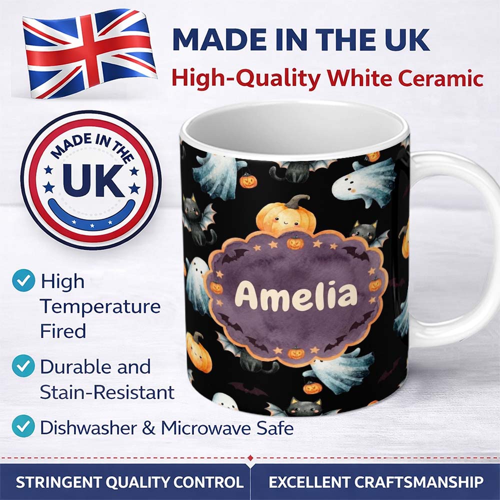 Personalized Custom Name Cute Watercolor Ghost Pumpkin and Bat Halloween Seamless Pattern 11oz Ceramic Coffee Tea Mug White Large Handle