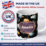 Personalized Custom Name Cute Watercolor Ghost Pumpkin and Bat Halloween Seamless Pattern 11oz Ceramic Coffee Tea Mug White Large Handle