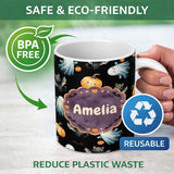 Personalized Custom Name Cute Watercolor Ghost Pumpkin and Bat Halloween Seamless Pattern 11oz Ceramic Coffee Tea Mug White Large Handle