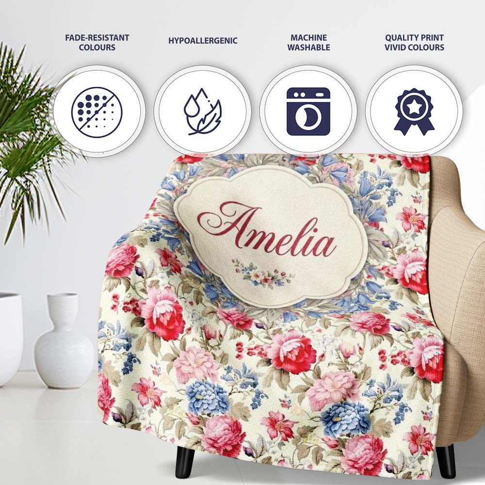 Classic Vintage Rose Garden Floral Seamless Pattern Red Blue Beige  Personalised Custom Name Super Soft Fleece Blanket Bed Sofa Throw