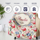 Classic Vintage Rose Garden Floral Seamless Pattern Red Blue Beige  Personalised Custom Name Super Soft Fleece Blanket Bed Sofa Throw