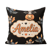Custom Name Watercolor Bat Pumpkin and Stars Halloween Seamless Square Filled Cushion Throw Pillow Sofa Bed Home Decor Zip Washable UK Made