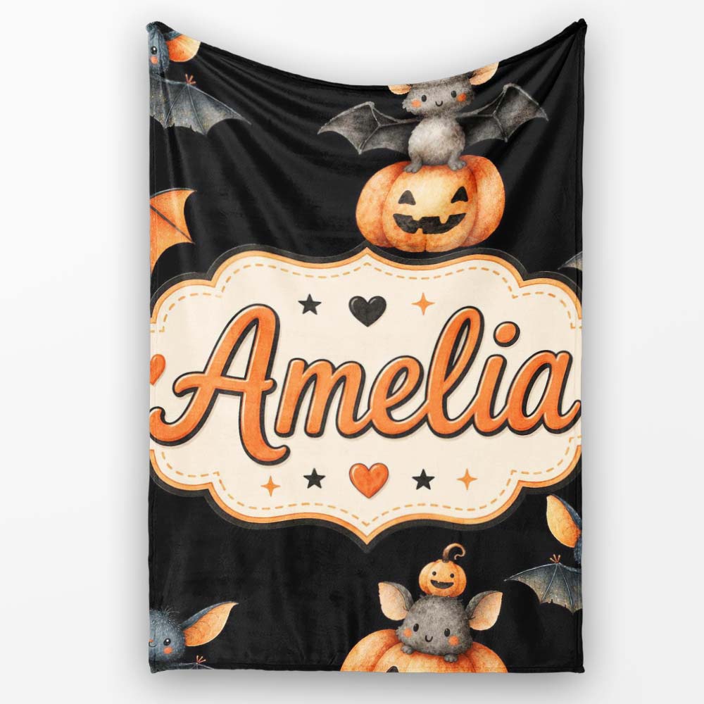 Cute Watercolor Bat Pumpkin and Stars Halloween Seamless Pattern  Personalised Custom Name Super Soft Fleece Blanket Bed Sofa Throw