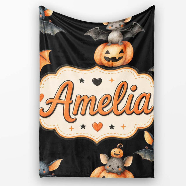 Cute Watercolor Bat Pumpkin and Stars Halloween Seamless Pattern  Personalised Custom Name Super Soft Fleece Blanket Bed Sofa Throw