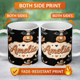 Personalized Custom Name Cute Watercolor Bat Pumpkin and Stars Halloween Seamless Pattern 11oz Ceramic Coffee Tea Mug White Large Handle