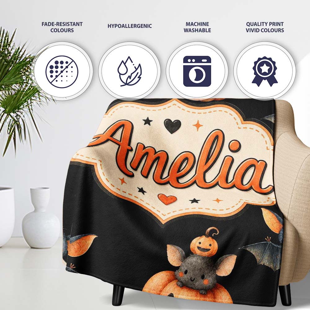 Cute Watercolor Bat Pumpkin and Stars Halloween Seamless Pattern  Personalised Custom Name Super Soft Fleece Blanket Bed Sofa Throw