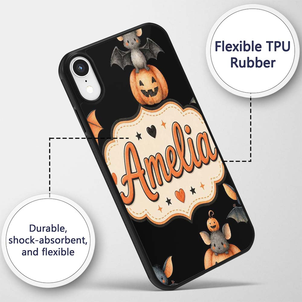Cute Watercolor Bat Pumpkin and Stars Halloween Custom Name Protective Phone Case Mobile Cover Durable Everyday Smartphone Shock Resistant
