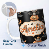 Personalized Custom Name Cute Watercolor Bat Pumpkin and Stars Halloween Seamless Pattern 11oz Ceramic Coffee Tea Mug White Large Handle