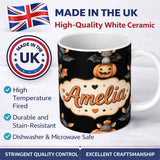 Personalized Custom Name Cute Watercolor Bat Pumpkin and Stars Halloween Seamless Pattern 11oz Ceramic Coffee Tea Mug White Large Handle