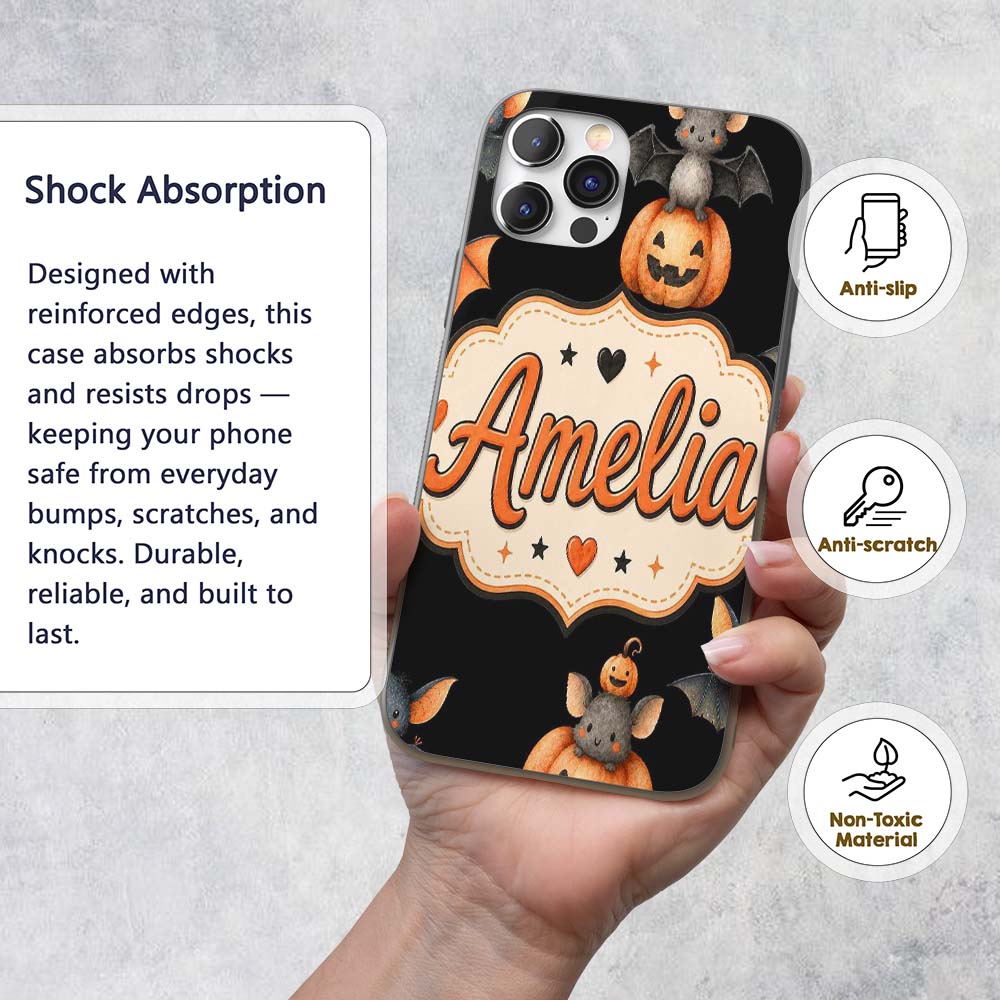 Cute Watercolor Bat Pumpkin and Stars Halloween Custom Name Protective Phone Case Mobile Cover Durable Everyday Smartphone Shock Resistant