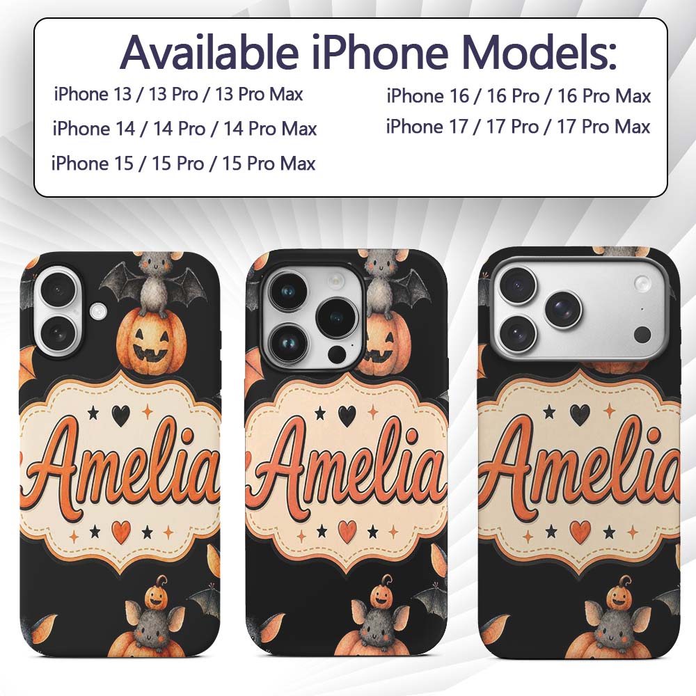 Cute Watercolor Bat Pumpkin and Stars Halloween Custom Name Protective Phone Case Mobile Cover Durable Everyday Smartphone Shock Resistant