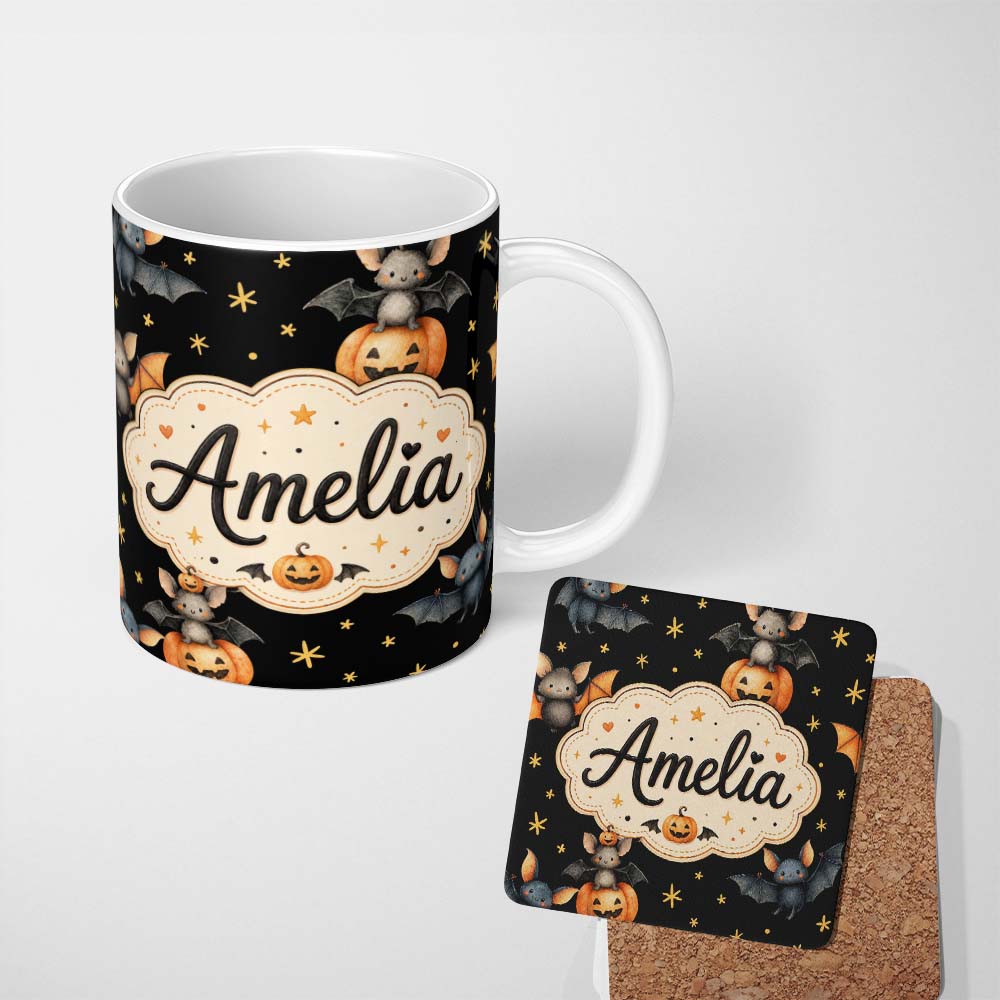 Personalized Custom Name Cute Watercolor Halloween Bats and Pumpkins with Stars Seamless 11oz Ceramic Coffee Tea Mug White Large Handle