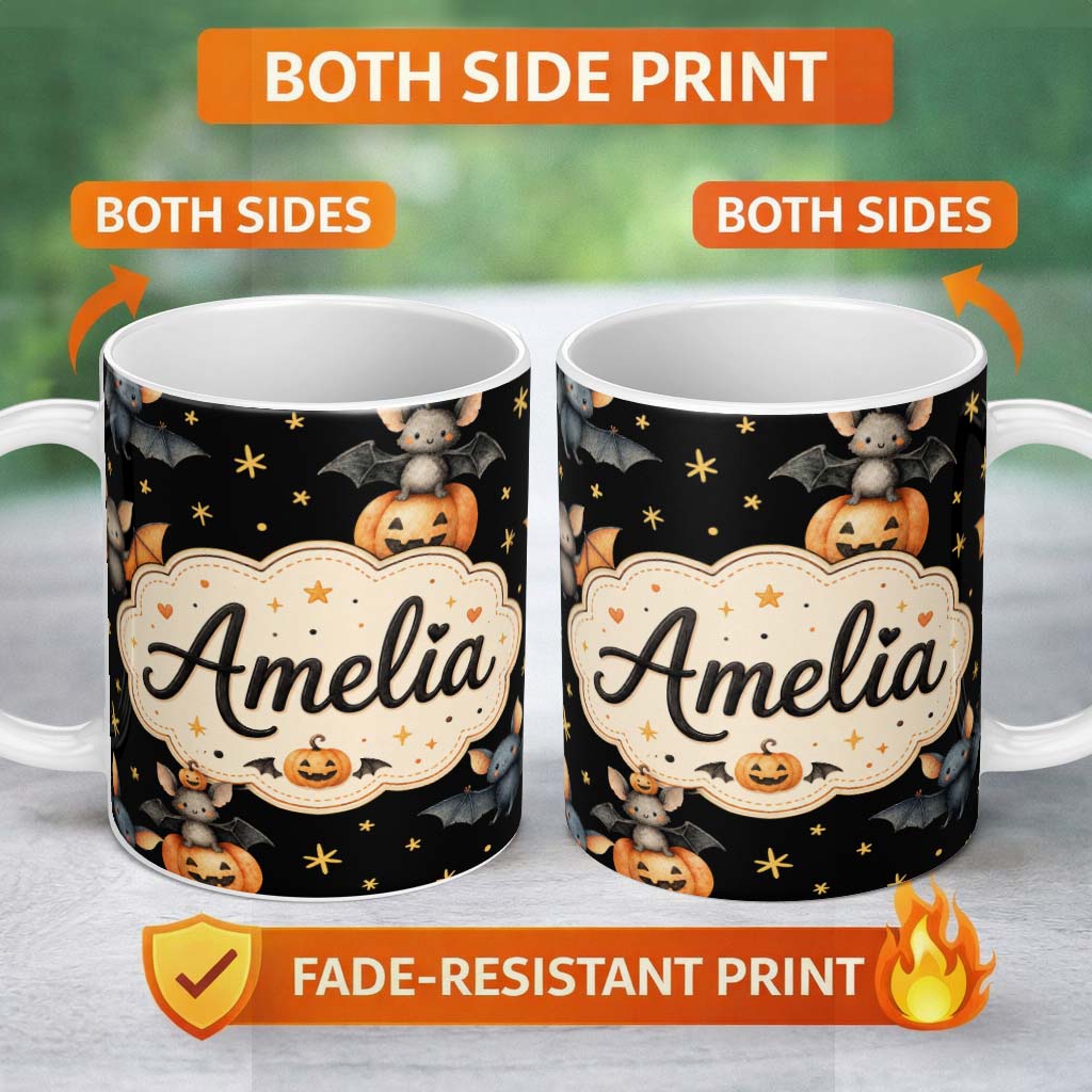 Personalized Custom Name Cute Watercolor Halloween Bats and Pumpkins with Stars Seamless 11oz Ceramic Coffee Tea Mug White Large Handle