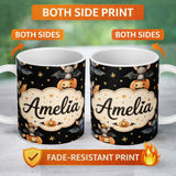 Personalized Custom Name Cute Watercolor Halloween Bats and Pumpkins with Stars Seamless 11oz Ceramic Coffee Tea Mug White Large Handle