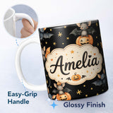 Personalized Custom Name Cute Watercolor Halloween Bats and Pumpkins with Stars Seamless 11oz Ceramic Coffee Tea Mug White Large Handle