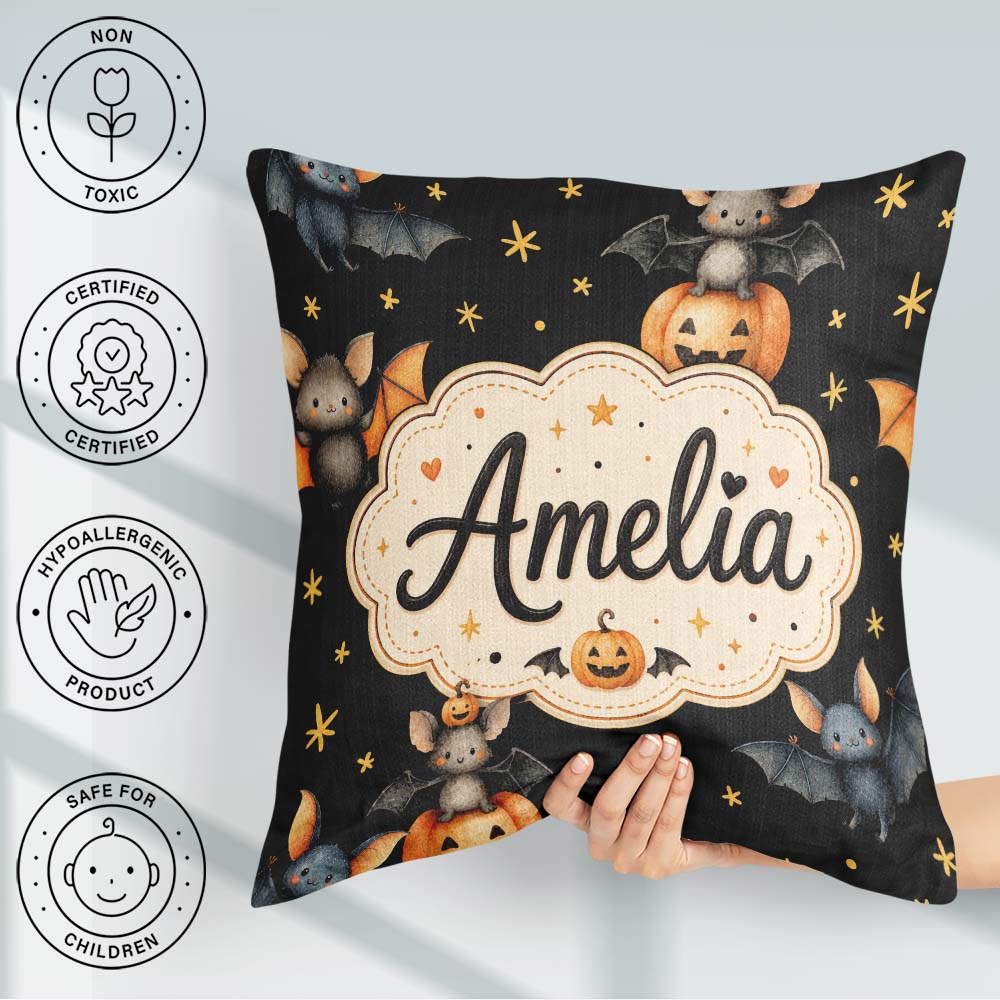 Custom Name Cute Halloween Bats and Pumpkins with Stars Seamless Square Filled Cushion Throw Pillow Sofa Bed Home Decor Zip Washable UK Made