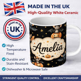 Personalized Custom Name Cute Watercolor Halloween Bats and Pumpkins with Stars Seamless 11oz Ceramic Coffee Tea Mug White Large Handle